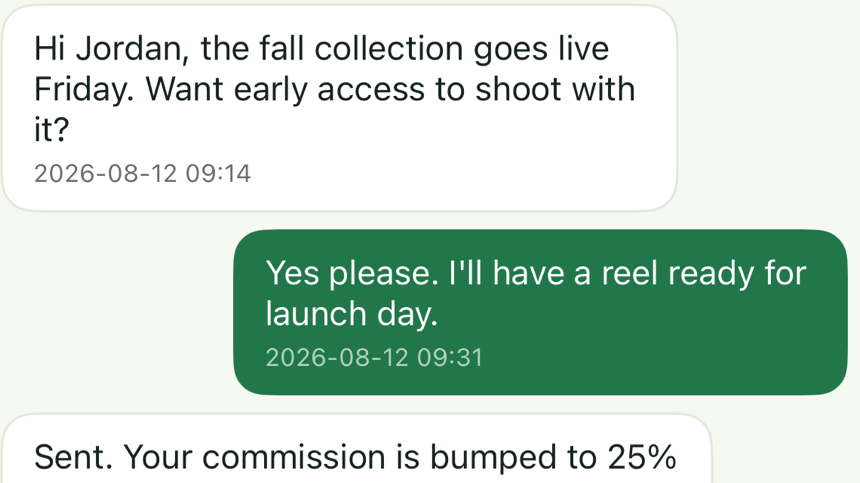 A chat thread with the merchant and an offer card from another store
