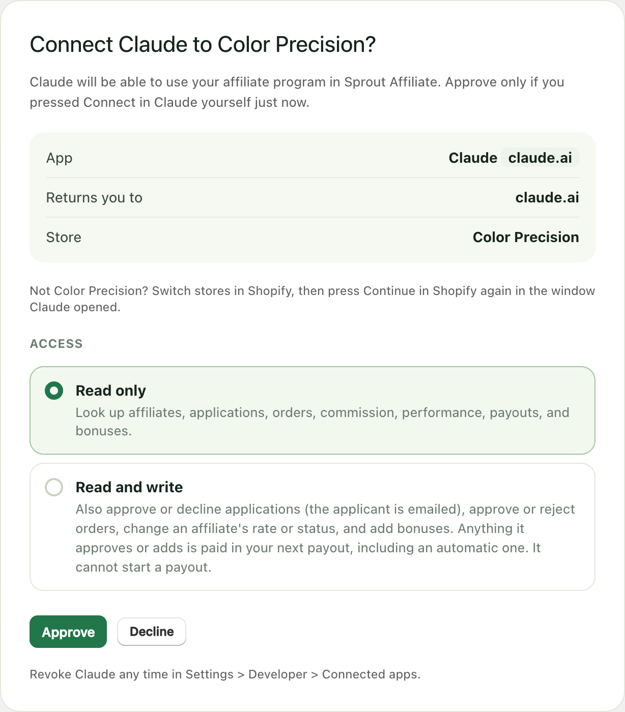 The approval page in the Shopify admin: Connect Claude to Color Precision, the app, where it returns you, the store, Read only and Read and write choices, and Approve and Decline buttons