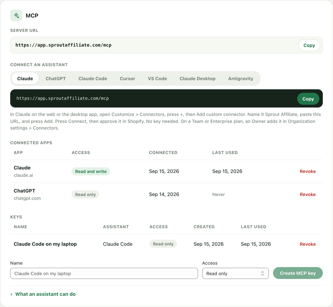 The MCP card in Settings, Developer, with the Claude tab selected, the server URL with a Copy button, the Claude steps, a Connected apps list, and Keys